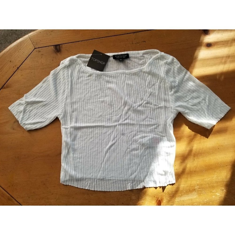 Top Shop White Cropped Rib Knit Short Sleeve T-Shirt Top Womens Size 6